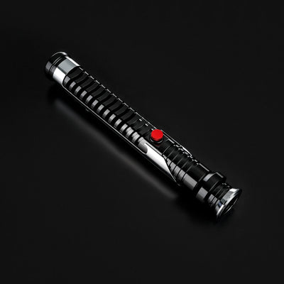 Qui-Gon Jinn lightsaber with black and silver T60 aluminum hilt, ribbed grip, and red activation button.