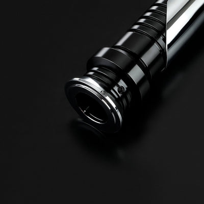 Qui-Gon Jinn lightsaber hilt, black T60 aluminum with silver accents, on a dark background.