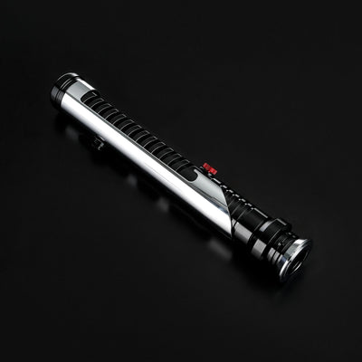Qui-Gon Jinn lightsaber hilt, shiny silver T60 aluminum with black accents and a red activation button.