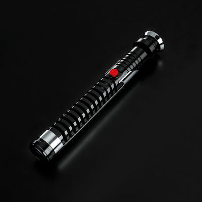 Qui-Gon Jinn lightsaber with black T60 aluminum hilt, silver accents, and a prominent red activation button.