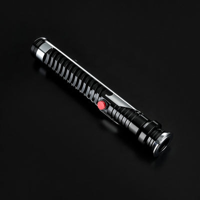Qui-Gon Jinn lightsaber with a black ribbed grip, silver accents, and a red activation button.