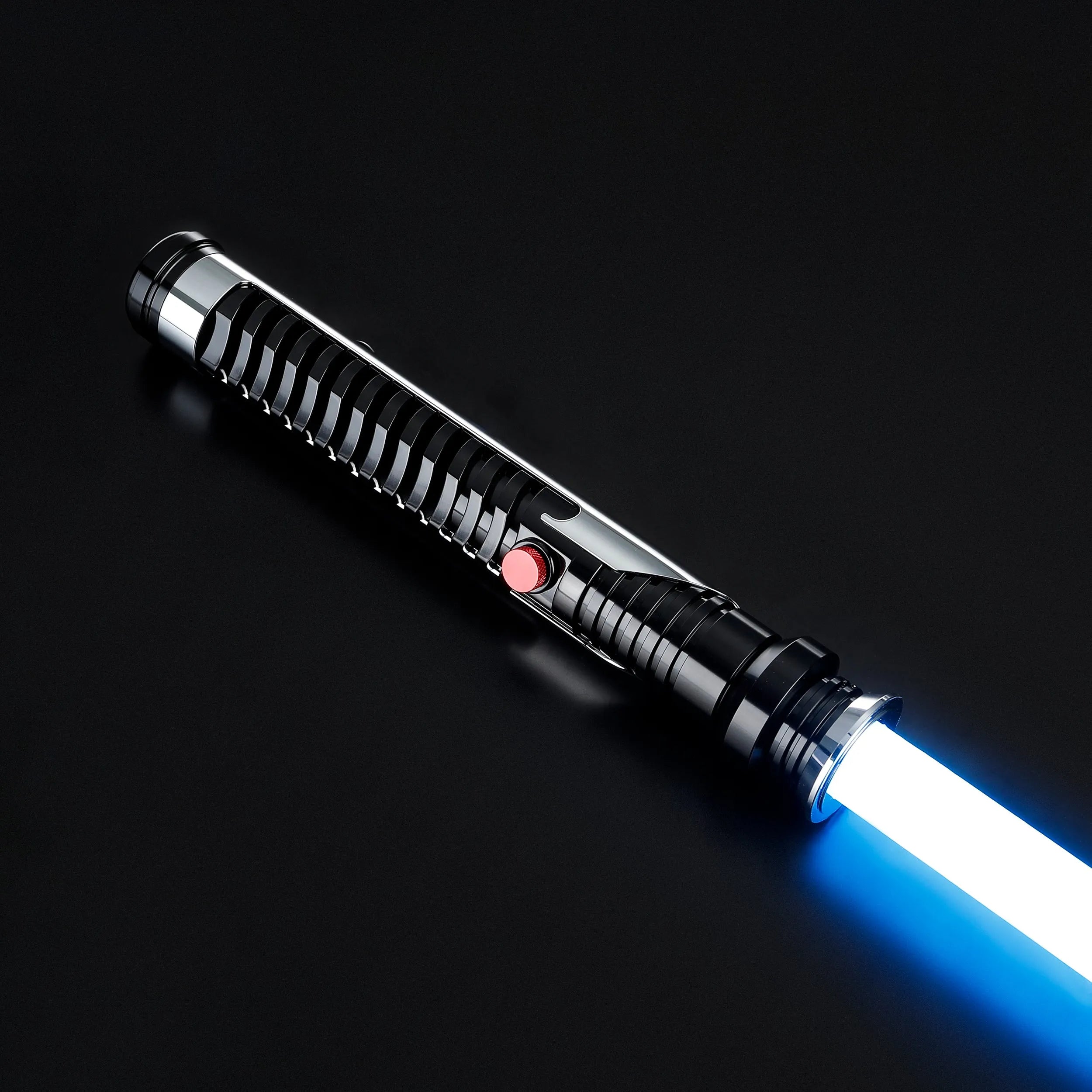 Qui-Gon Jinn lightsaber with black and silver T60 aluminum hilt, red button, and glowing blue polycarbonate blade.