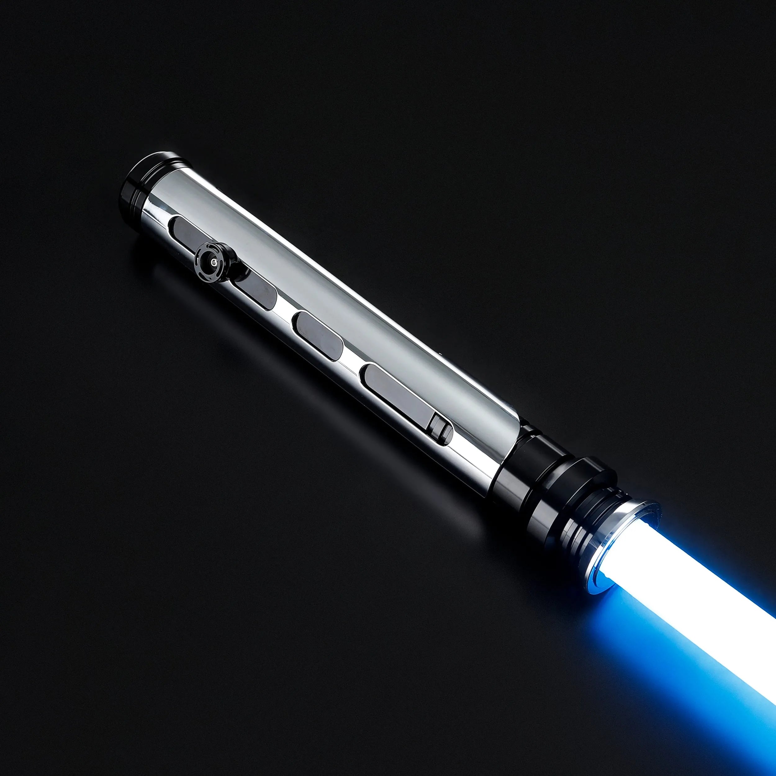 Qui-Gon Jinn lightsaber with a silver T60 aluminum hilt, black accents, and a glowing blue polycarbonate blade.