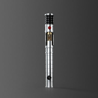 Quinlan Vos lightsaber with brushed aluminum hilt, black grip, red button, and visible kyber crystal chamber.