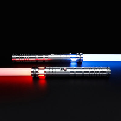 Two silver T6 aluminum Sol lightsabers with glowing red and blue polycarbonate blades on a black background.