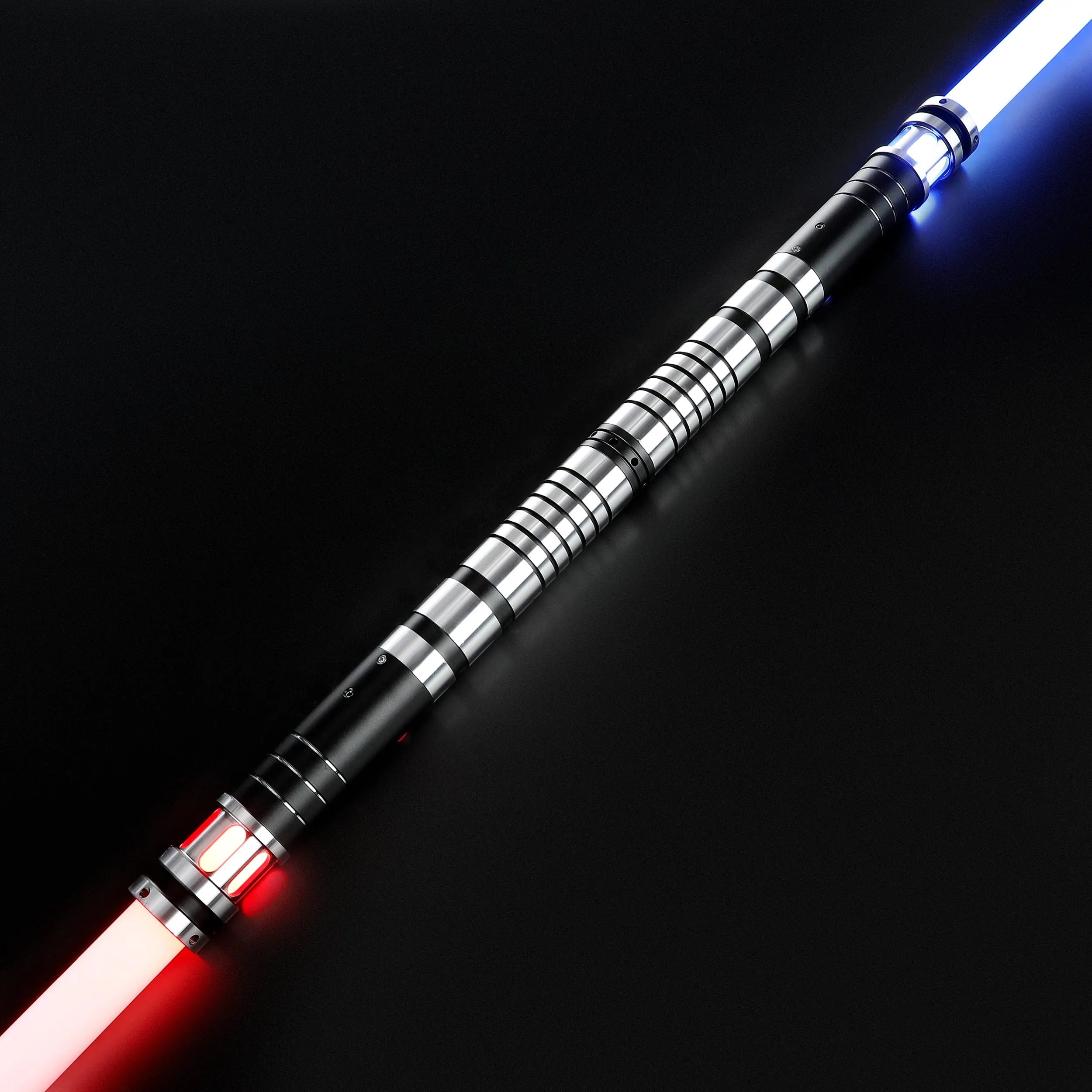 Sol double-bladed lightsaber bundle with a sleek black and silver aluminum hilt featuring glowing blue and red blades.