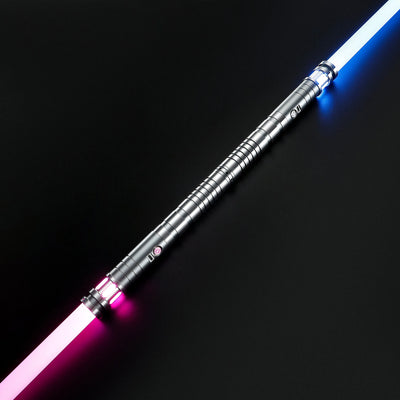 Double-bladed Sol lightsaber bundle with silver aluminum hilts and glowing blue and pink polycarbonate blades.