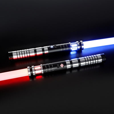 Two Sol lightsabers with black and silver aluminum hilts, featuring glowing blue and red polycarbonate blades.