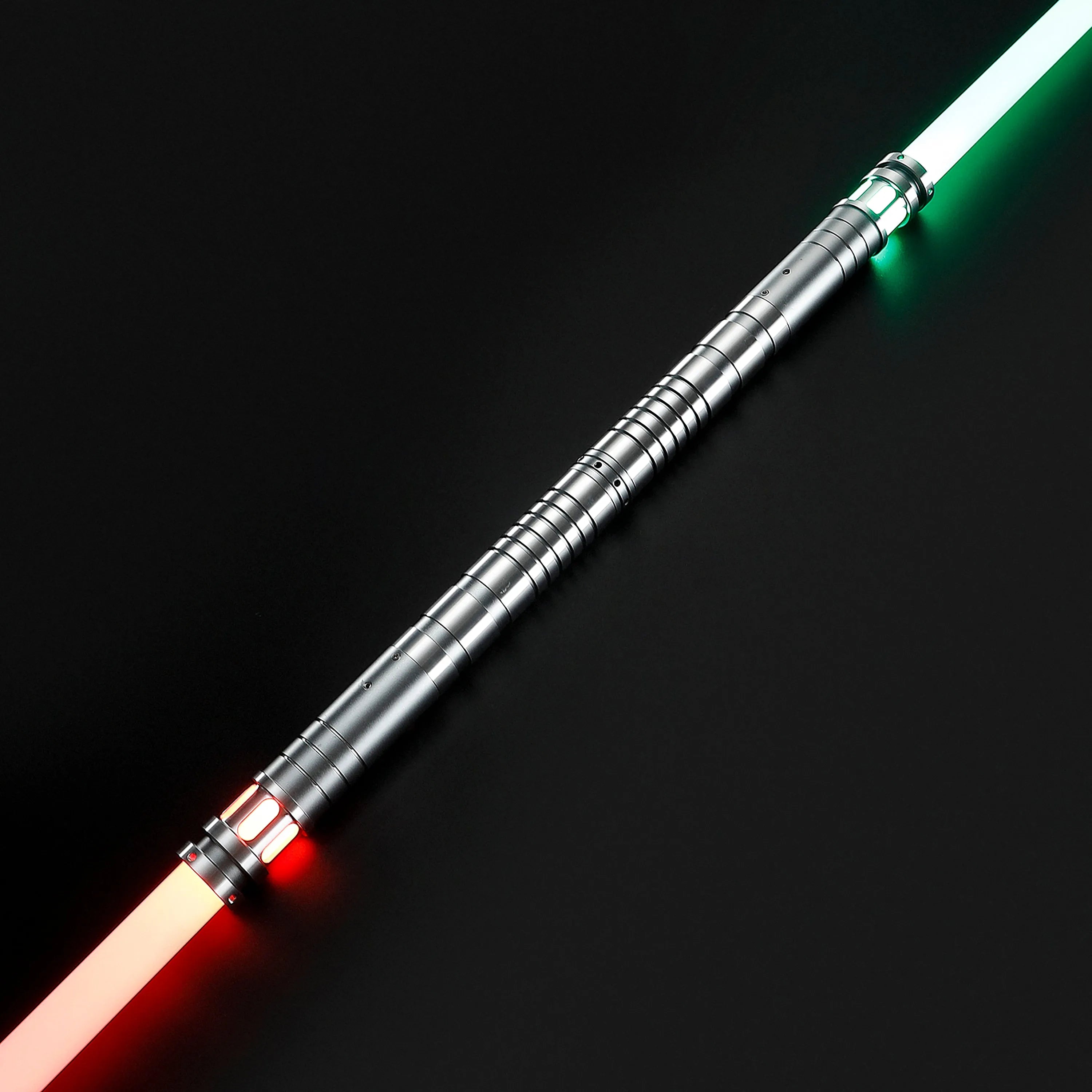 Double-bladed Sol lightsaber with a silver T6 aluminum hilt, featuring glowing red and green polycarbonate blades.