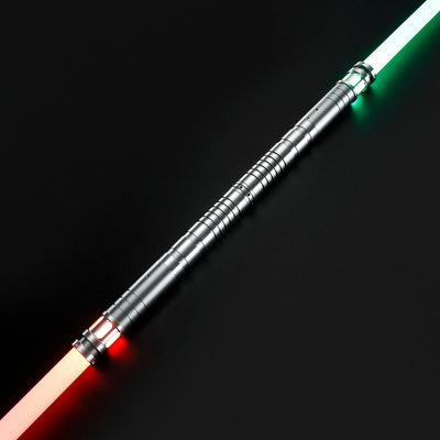 Double-bladed Sol lightsaber with a silver T6 aluminum hilt, featuring glowing red and green polycarbonate blades.