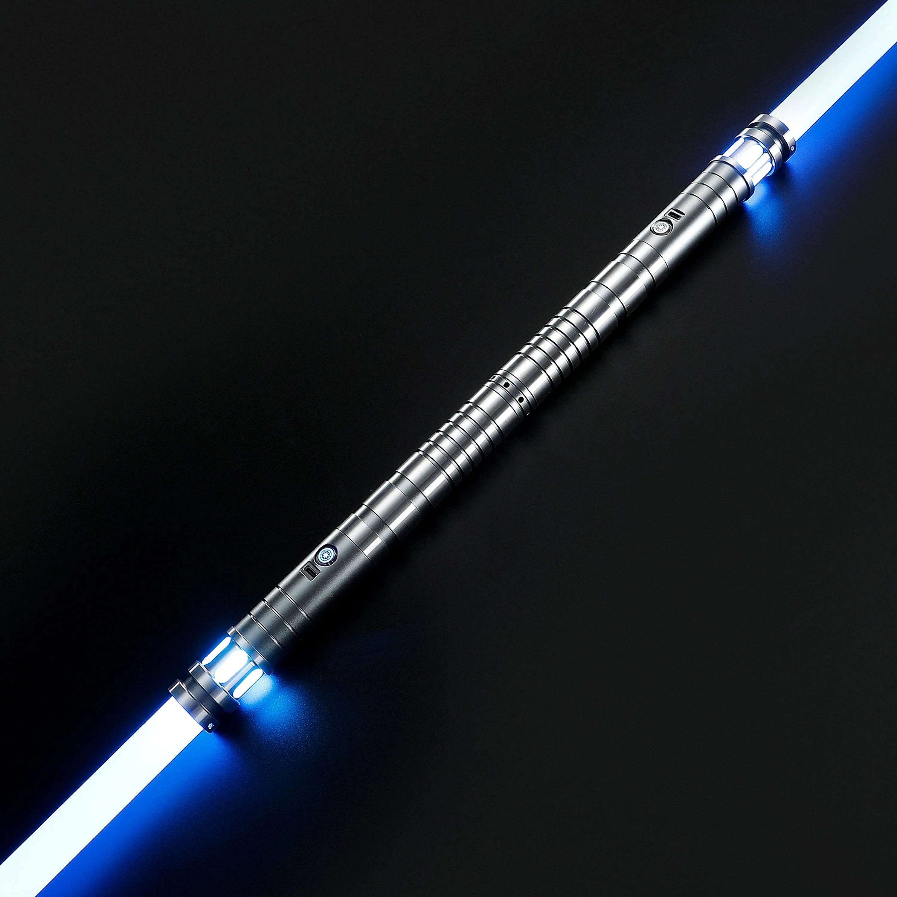Sol double-bladed lightsaber bundle with silver aluminum hilts and glowing blue polycarbonate blades.