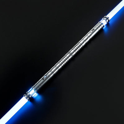 Sol double-bladed lightsaber bundle with silver aluminum hilts and glowing blue polycarbonate blades.